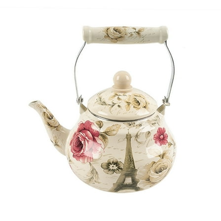 Enameled kettle, enamel teapot, kettle with enameled handle, enameled teapot with floral pattern, for tea and coffee at home and office