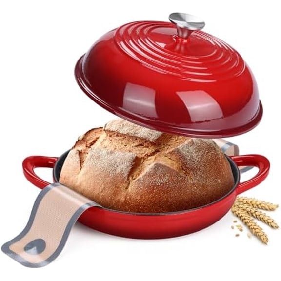 Enamelled Cast Iron Dutch Oven Pot with Lid,  Dutch Oven for Sourdough Bread Baking, Cast Iron Bread Oven with Non Stick Silicone Baking Mat for Cooking, 6 Quart, Red