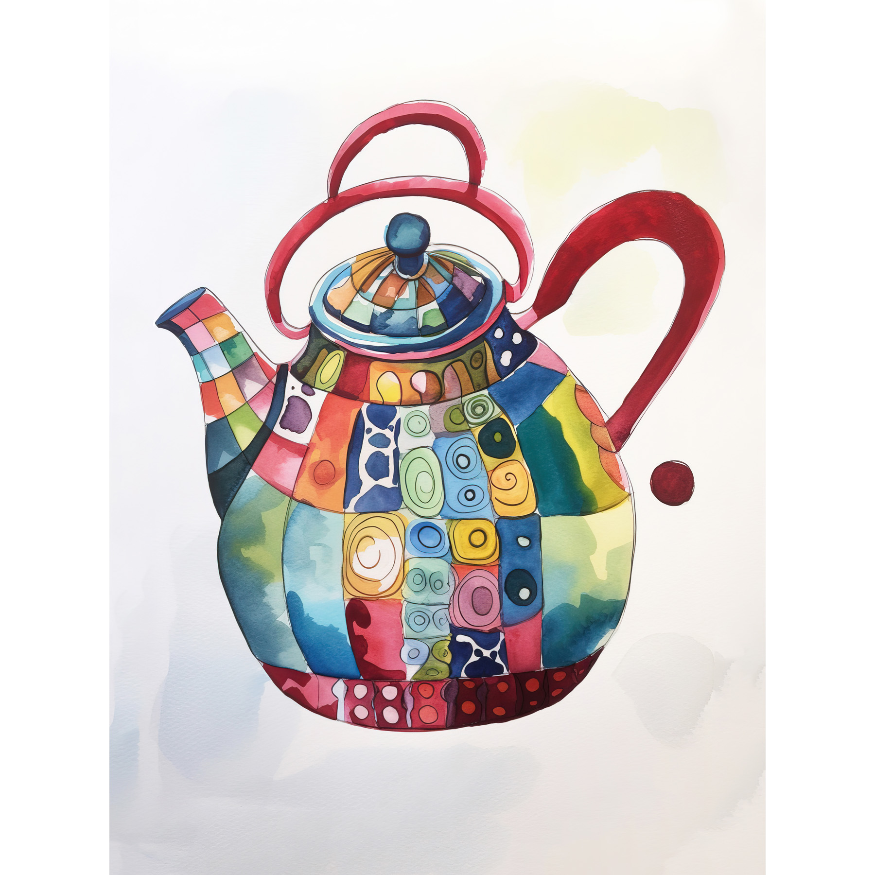 Enamelled Patterned Tea Kettle Teapot Folk Art Watercolour Painting Enamelled Patterned Tea Kettle Teapot Folk Art Watercolour Painting