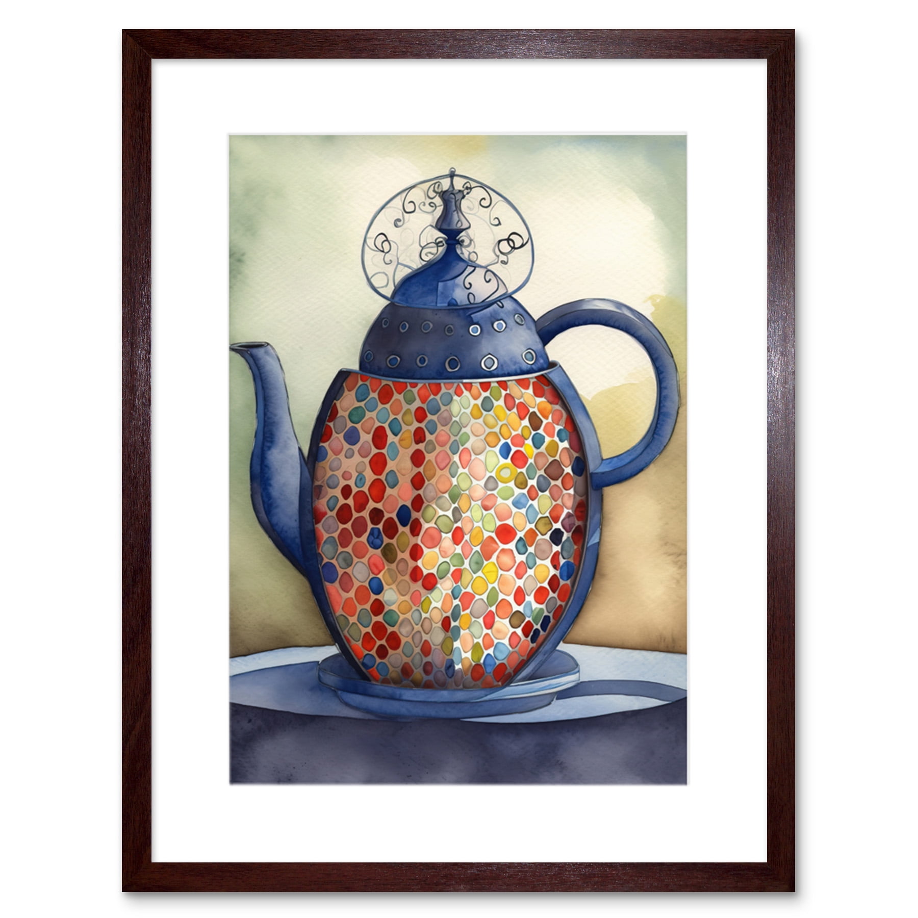 Enamelled Teapot Colourful Tea Kettle Folk Art Watercolour