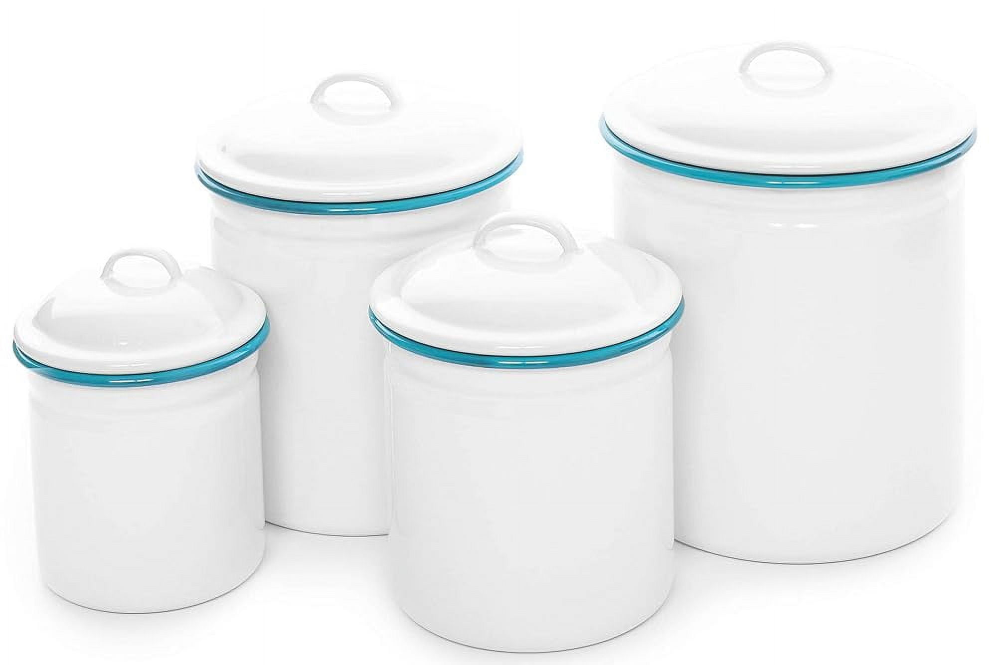 Enamelware Canister Set, 4 Piece, Vintage White/Turquoise