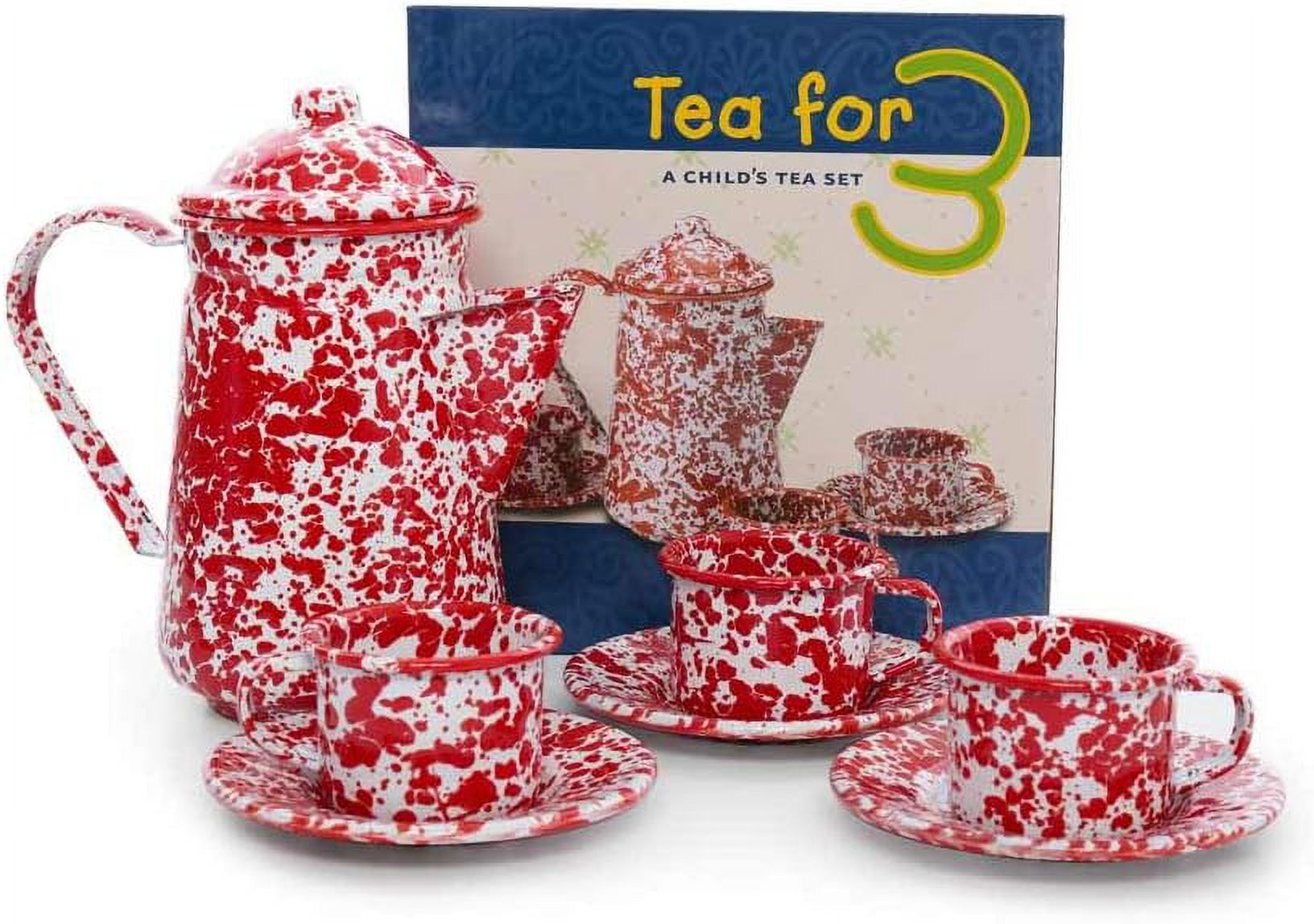 Enamelware Children's Tea For 3 Set, Red/White Splatter