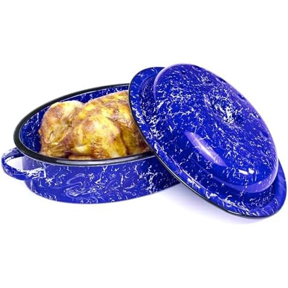 Enamelware Metal Classic 3.6 Quart 12" Roasting Pan with Dome Lid, Navy Blue Marble/Black Rim - Splatter Design$$Home Decor, Kitchen, & Other