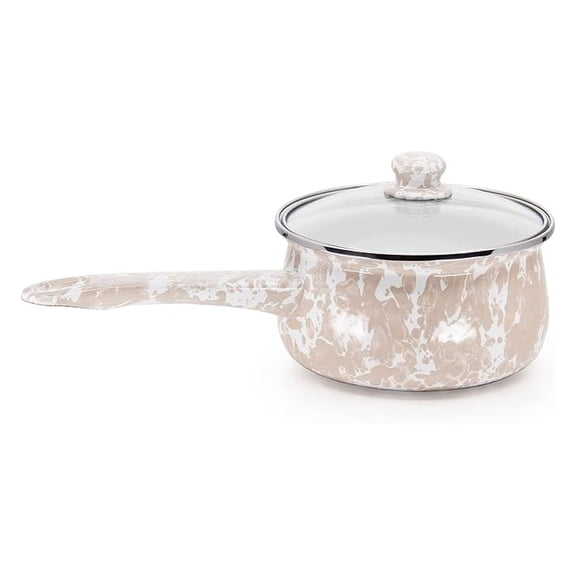 Enamelware Sauce Pan with Handle, 5 cup, Taupe Swirl
