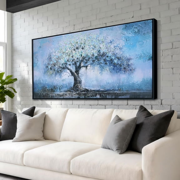 Enartly Framed Teal Tree Wall Art for Living Room, Teal Artwork Nature Abstract Canvas Painting Textured Picture Modern Large Panoramic Landscape for Hallway Bedroom Office Home Decor, 48"x24" Y101