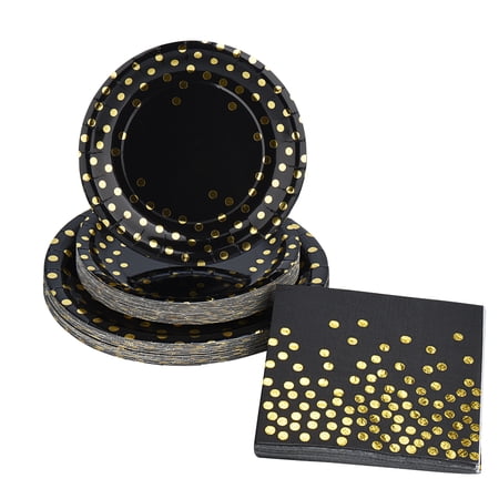 Enbiawit Disposable Plates Party Supply Set with Napkins,Black/Gold, 24 Count