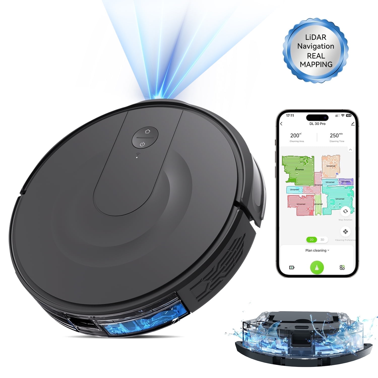 Enboya DL30 Pro Robo Vac and Mop Combo, Lidar Navigation with Mapping, Hard Floor Cleaning, 9000Pa Suction