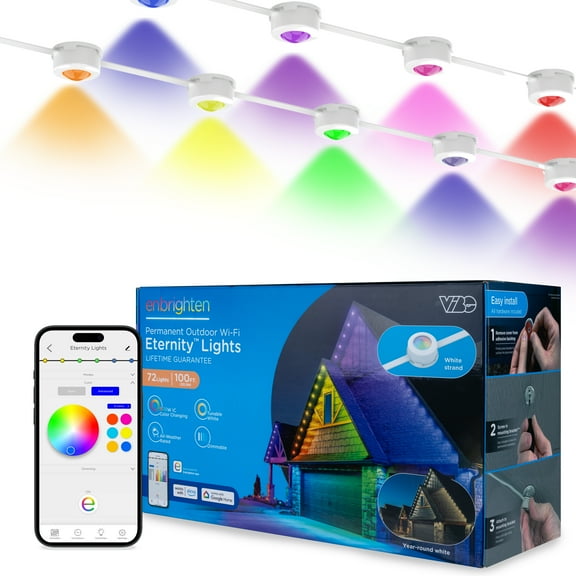 Enbrighten 100ft Wi-Fi Eternity Lights, Permanent Outdoor Lights, 72 LEDs, Smart LED Eaves Lights for Christmas, Halloween, Party, Game Day and More