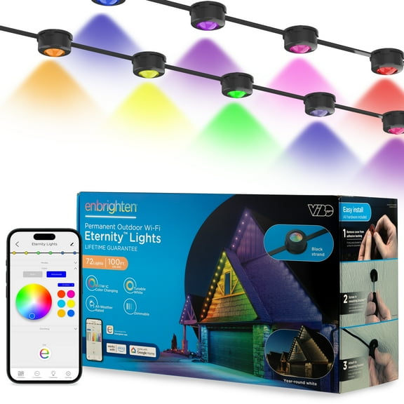 Enbrighten 100ft Wi-Fi Eternity Lights, Permanent Outdoor Lights, 72 LEDs, Smart LED Eaves Lights for Christmas, Halloween, Party, Game Day and More