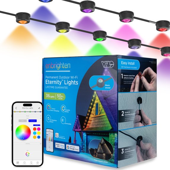 Enbrighten 50ft Wi-Fi Eternity Lights, Permanent Outdoor Lights, 36 LEDs, Smart LED Eaves Lights for Christmas, Halloween, Party, Game Day and More