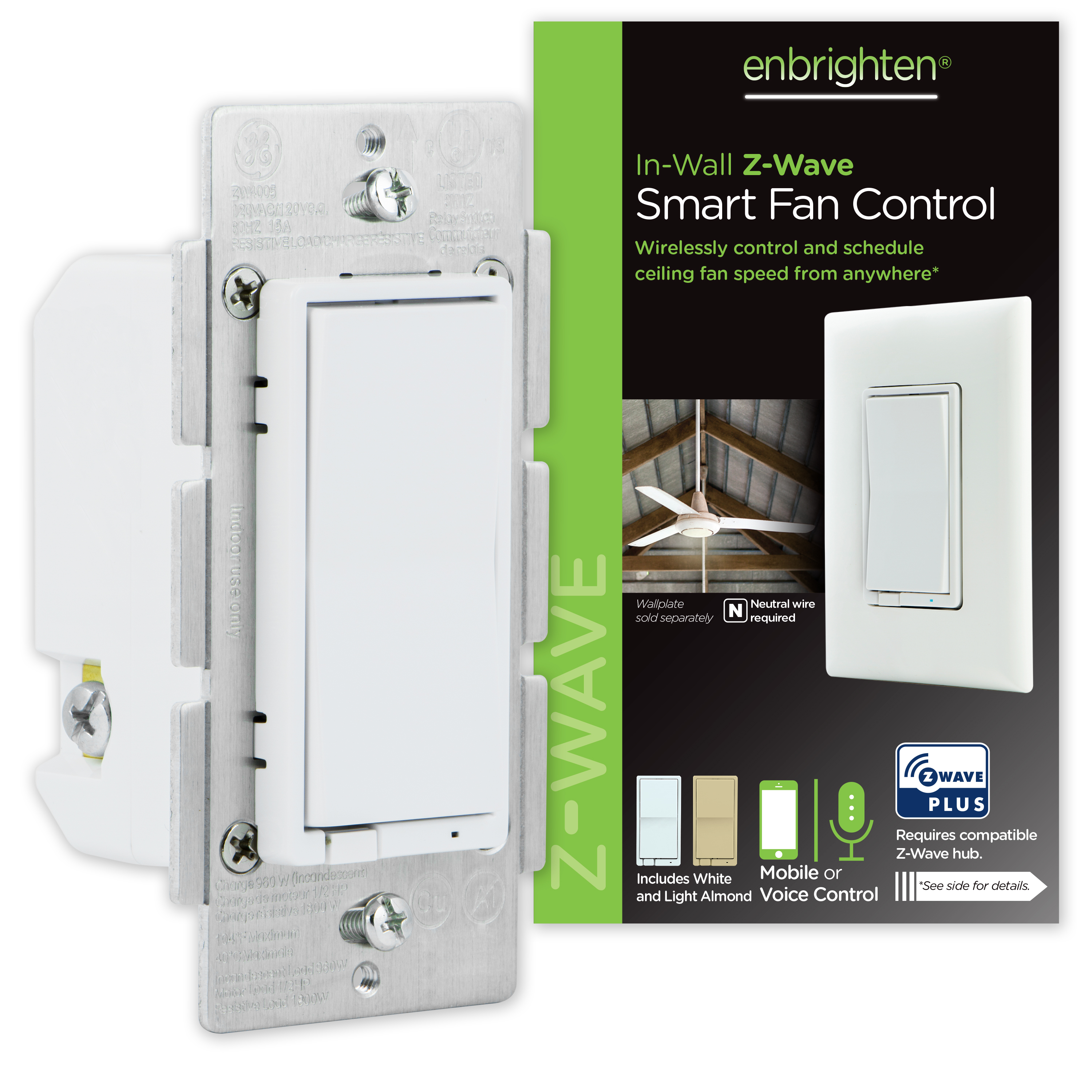 Enbrighten Electrical Switches Z-Wave Plus Smart Fan Control, 55258, White & Light Almond, 120V - image 1 of 11