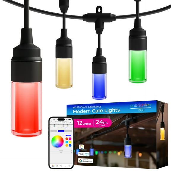 Enbrighten LED Wi-Fi Smart Modern Cafe Lights, Color Changing Outdoor String Lights for Backyard and Patio, 24ft