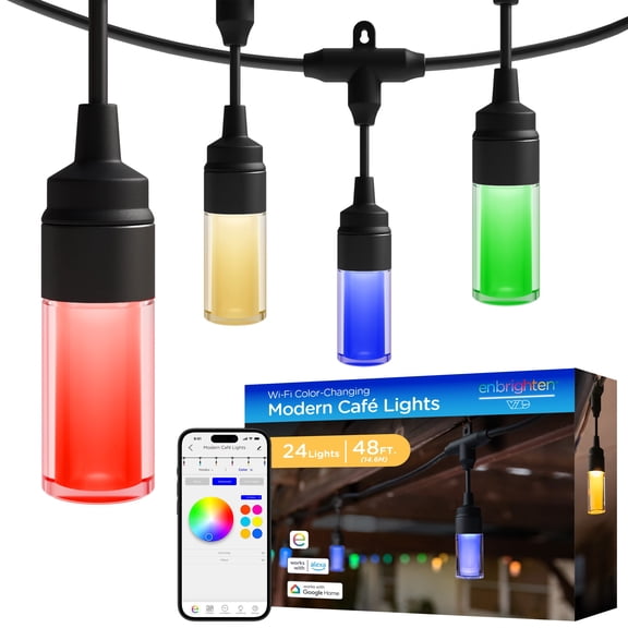 Enbrighten LED Wi-Fi Smart Modern Cafe Lights, Color Changing Outdoor String Lights for Backyard and Patio, 48ft