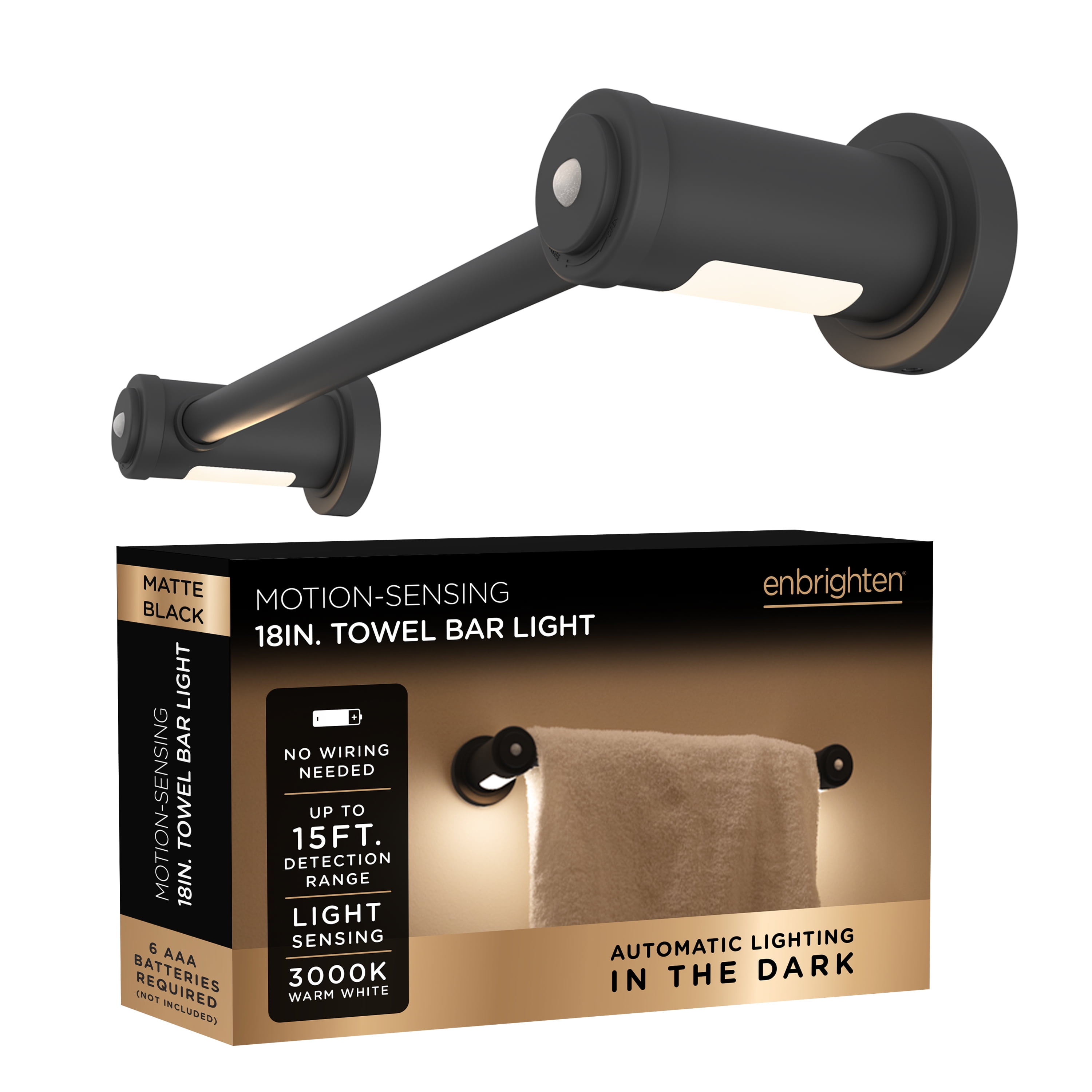 Enbrighten Towel Bar Light, Battery Operated, Motion Sensing, 18in, Matte Black, 79183