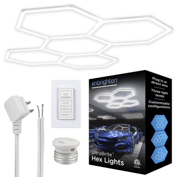 Enbrighten Ultrabrite Hexagon Garage Lights, 24 Bars, 5 Hex Lights, Dimmable with Remote, for Garage, Gym, Shop and More