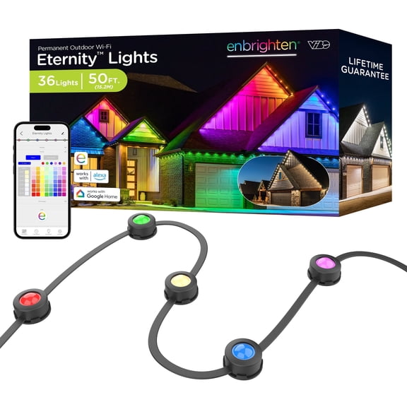 Enbrighten VIBE 50ft 36 LEDs Permanent Outdoor Eternity Lights, Eave Lights for All Holidays, Christmas, Halloween and More, Black 82729