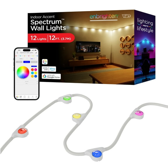 Enbrighten Vibe Spectrum Color-Changing LED Smart Indoor String Downlights, 12 Ft