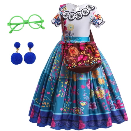 Encanto Dress Mirabel Costume for Girls Madrigal Cosplay outfits Birthday Dress Up With Bag Glasses Earrings 3T-4T(Q34,100CM)