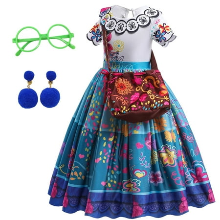 Encanto Dress Mirabel Costume for Girls Madrigal Cosplay outfits Birthday Dress Up With Bag Glasses Earrings 5-6 Years(Q34,120CM)