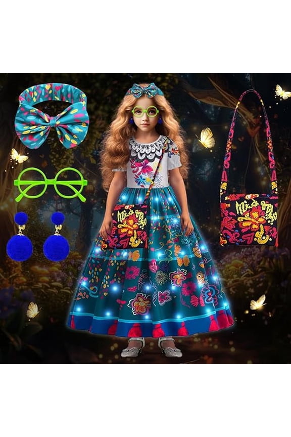 Encanto Dress for Girls, Mirabel Costume Princess Dress Up Light Up with Accessories for Birthday Cosplay Halloween