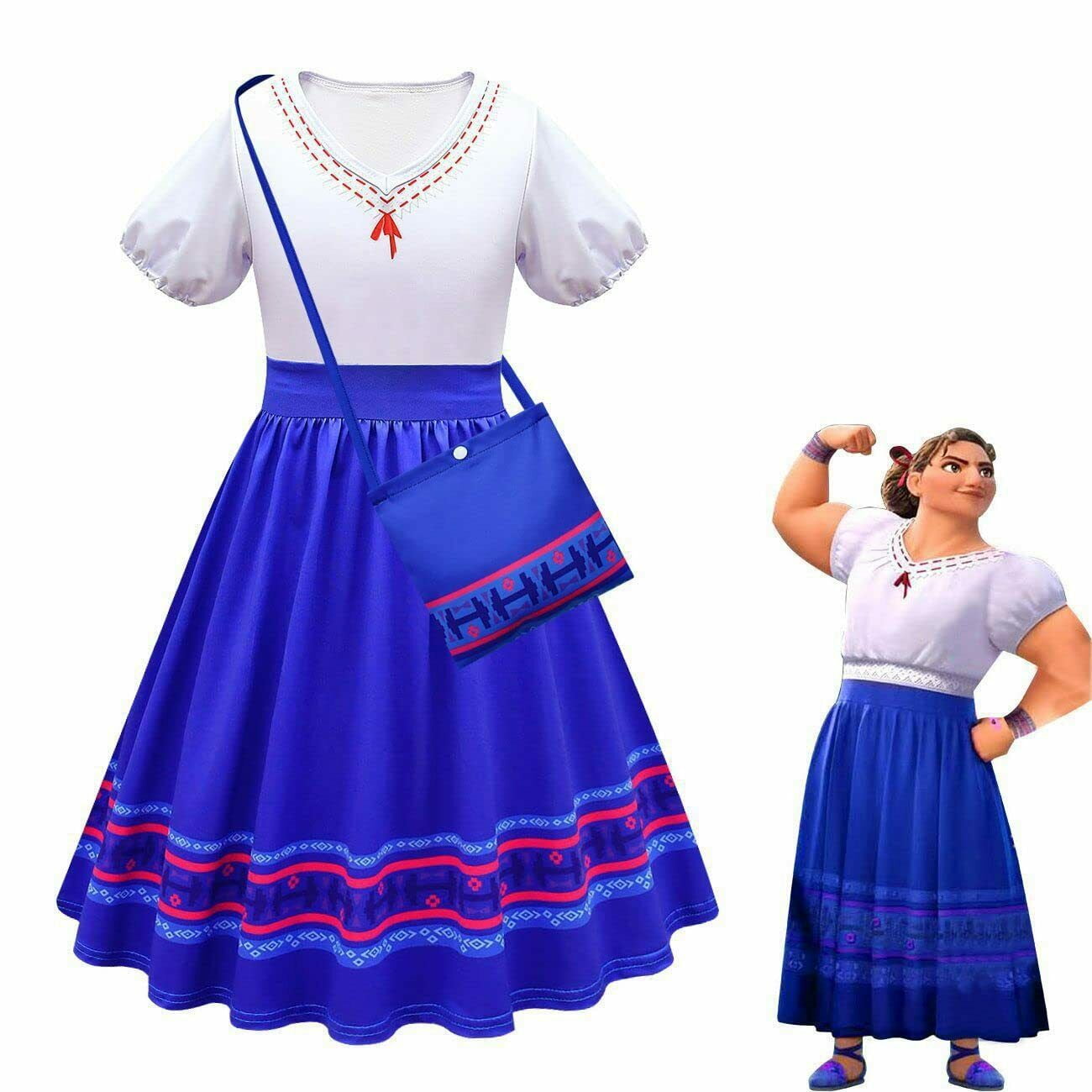 Encanto Luisa Madrigal Dress With Bag For Girls High Waist Cosplay Princess Kids Children Fancy Costume Party