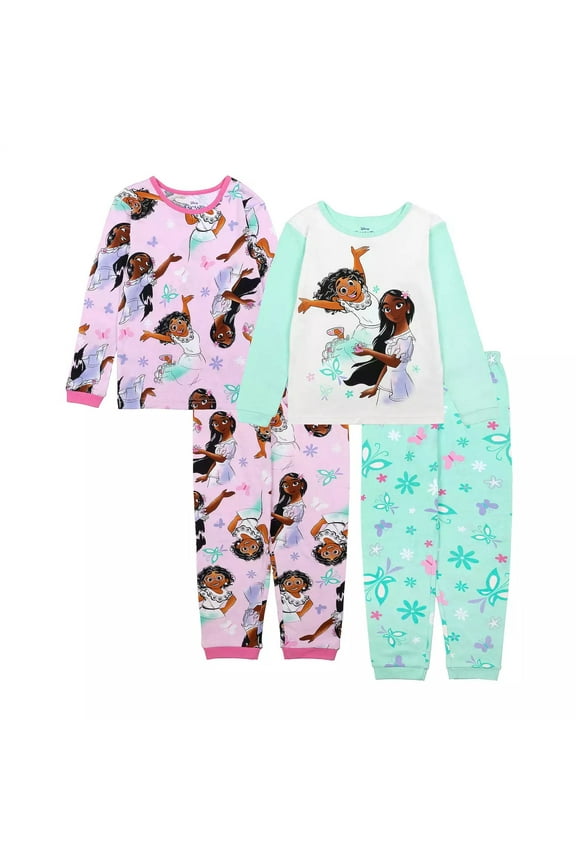 Encanto Mirabel and Isabela Girl's 4-Piece Long-Sleeved Cotton Pajama Set (Size 8)