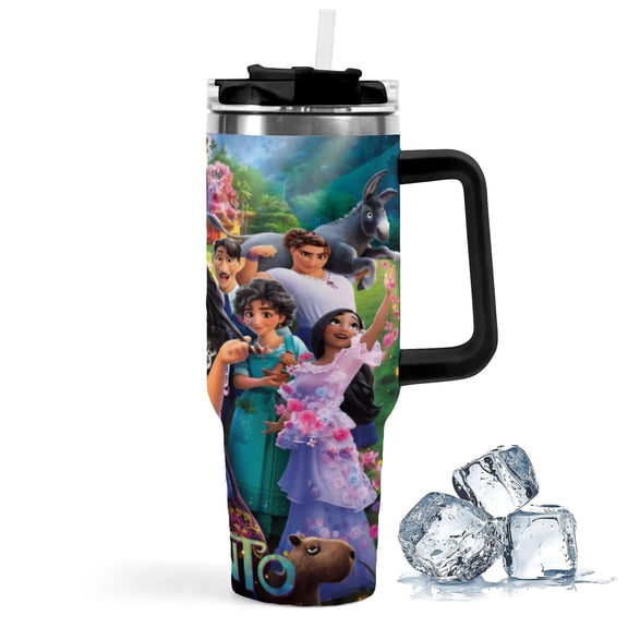 Encanto-theme Insulated Stainless Steel Tumbler with Handle Gifts For Family Friends Fans and Straw Fits in Standard Cup Holder 40 OZ