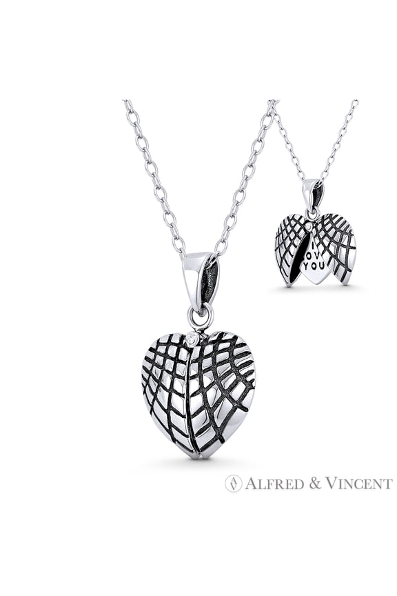 Encapsulated "I LOVE YOU" Flat Heart in Webbed Heart Charm21x13mm (0.8x0.5in) Pendant in Oxidized .925 Sterling Silver