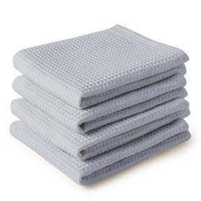 Encasa Xo Kitchen Dish Towels Set 320 Gsm | Waffle Weave & Flat Hand Tea Towel | Quick Drying Reusable Cotton Washcloths | Set Of 4 (Light Grey)