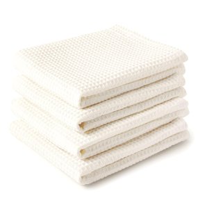 Encasa Xo Kitchen Dish Towels Set 320 Gsm | Waffle Weave & Flat Hand Tea Towel | Quick Drying Reusable Cotton Washcloths | Set Of 4 (Solid Off White)