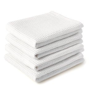 Encasa Xo Kitchen Dish Towels Set 320 Gsm | Waffle Weave & Flat Hand Tea Towel | Quick Drying Reusable Cotton Washcloths | Set Of 4 (White)