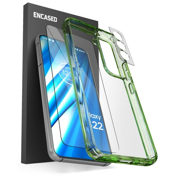 Encased (3 Pack) Designed for Samsung Galaxy S22 Case with Screen Protector Tempered Glass + Camera Lens Protector, Protective Phone Kit (Clear/Green)