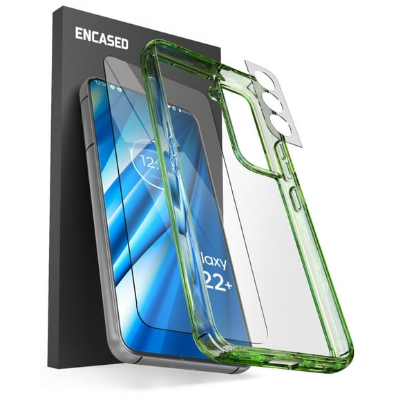 Encased (3 Pack) Designed for Samsung Galaxy S22 Plus Case with Screen Protector Tempered Glass + Camera Lens Protector, Protective Phone Kit (Clear/Green)