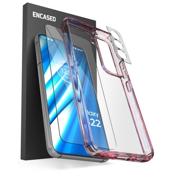 Encased (3 Pack) Designed for Samsung Galaxy S22 Case with Screen Protector Tempered Glass + Camera Lens Protector, Protective Phone Kit (Clear/Pink)