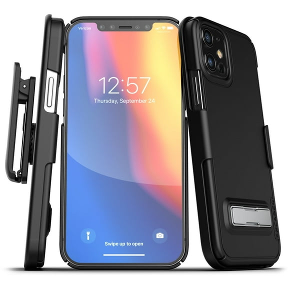 Encased Apple iPhone 12 Belt Clip Case with Kickstand (2020 Slimline) Ultra Thin Cover with Holster - Black