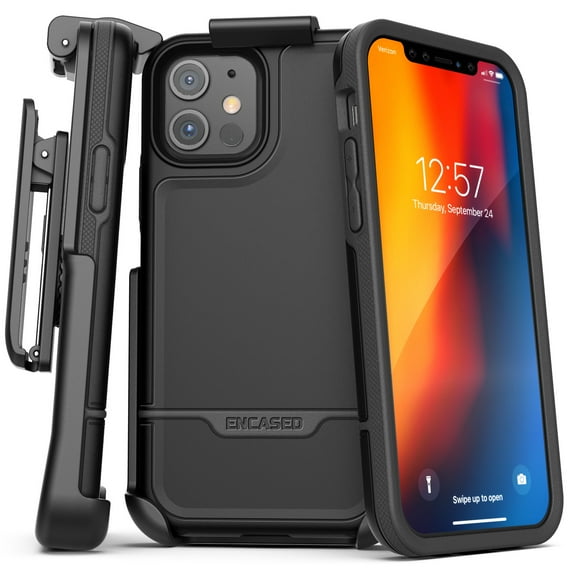 Encased Apple iPhone 12 Belt Clip Protective Holster Case (2020 Rebel Armor) Heavy Duty Rugged Full Body Cover with Holder (Black)