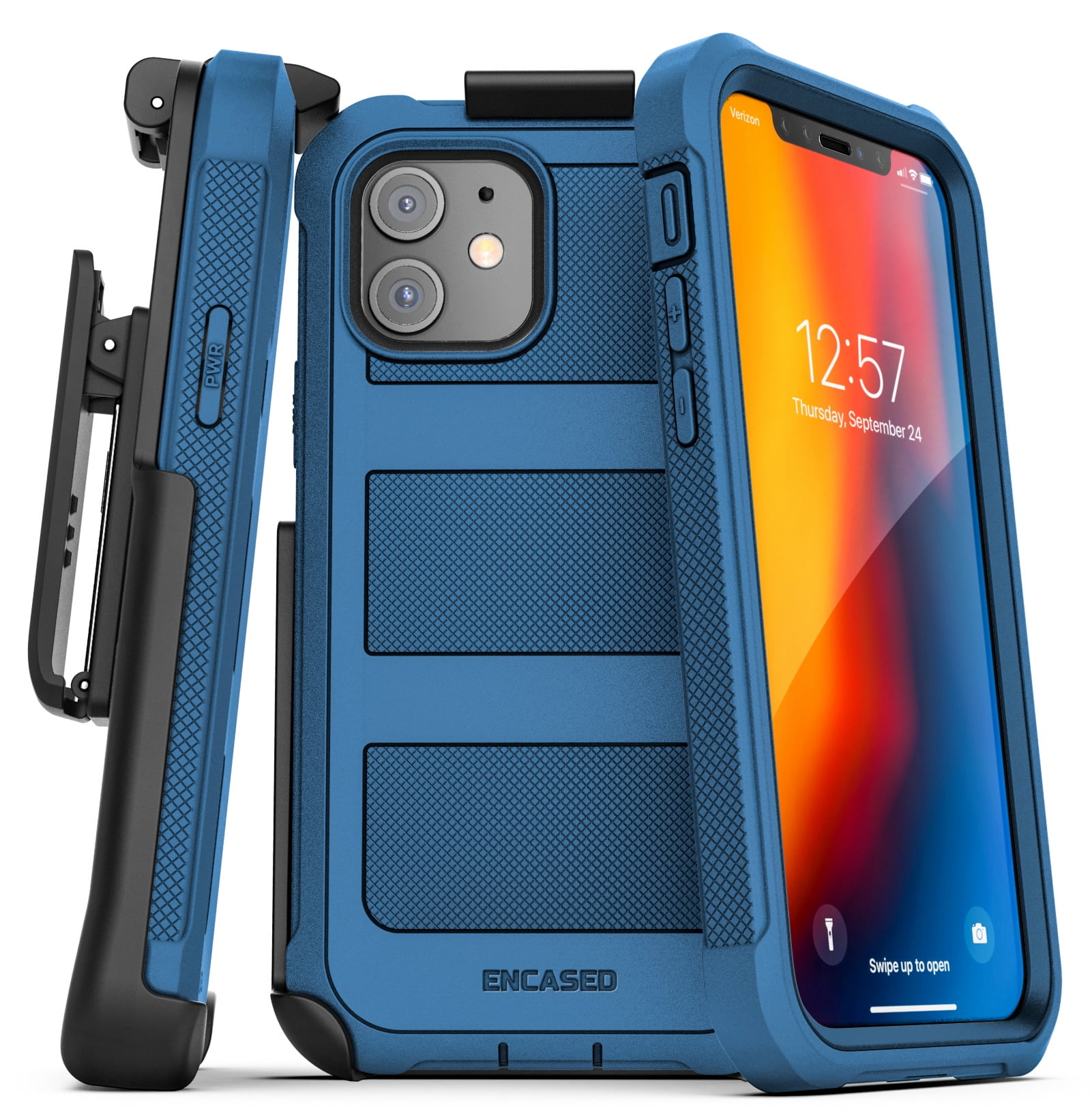 Encased Apple iPhone 12 Case with Screen Protector and Belt Clip (Falcon) Protective Full Body Cover with Build-in Screen Guard and Holster - Navy Blue