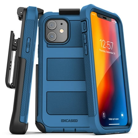 Encased Apple iPhone 12 Case with Screen Protector and Belt Clip (Falcon) Protective Full Body Cover with Build-in Screen Guard and Holster - Navy Blue