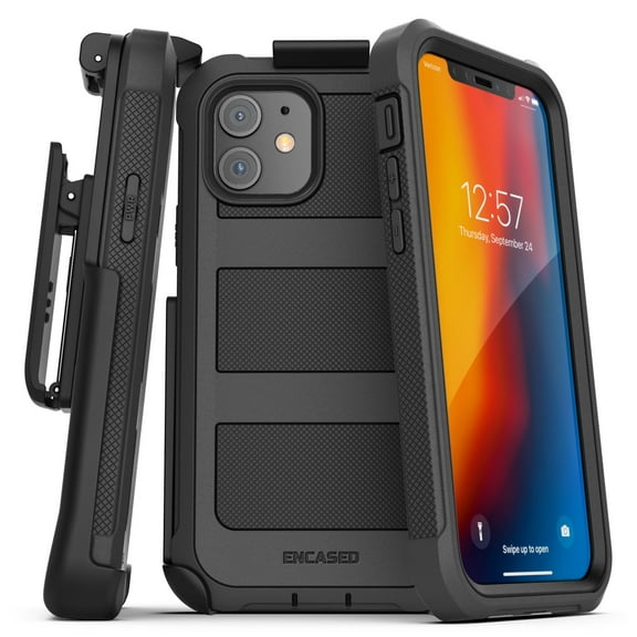 Encased Apple iPhone 12 Case with Screen Protector and Belt Clip (Falcon) Protective Full Body Cover with Build-in Screen Guard and Holster - Black