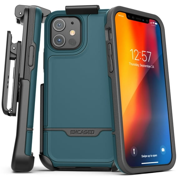 Encased Apple iPhone 12 Mini Belt Clip Holster Case (2020 Rebel Armor) Shockproof Full Body Cover with Holder (Blue)