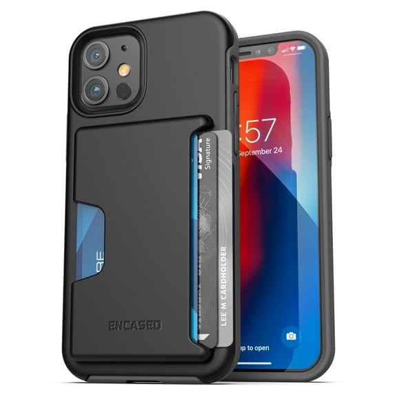 Encased Apple iPhone 12 Wallet Case (2020) Protective Cover with Card Holder Slot (3 Credit Cards Capacity) Black