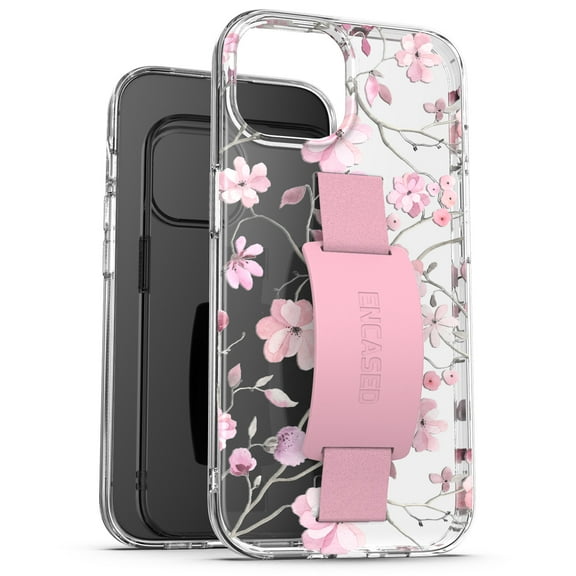 Encased Bando Case Designed for iPhone 15 Case with Finger Loop Strap (Clear/Pink Flowers)