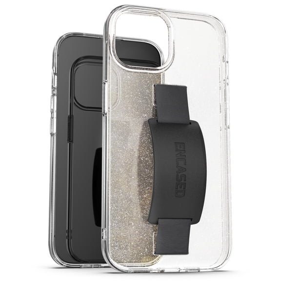 Encased Bando Case Designed for iPhone 15 Plus Glitter Case with Strap Finger Loop (Clear Glitter)