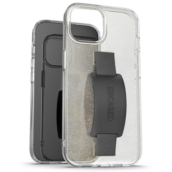 Encased Bando Case Designed for iPhone 15 Pro Glitter Case with Strap Finger Loop (Clear Glitter)