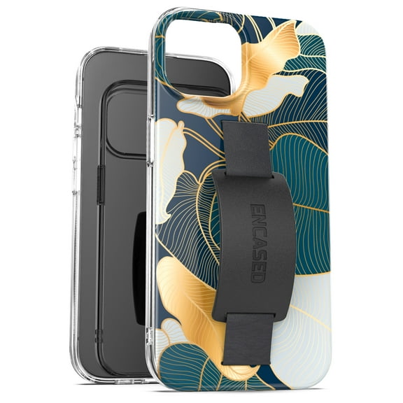 Encased Bando Case Designed for iPhone 15 Pro Max Case with Finger Loop Strap (Gold Leaf Design)