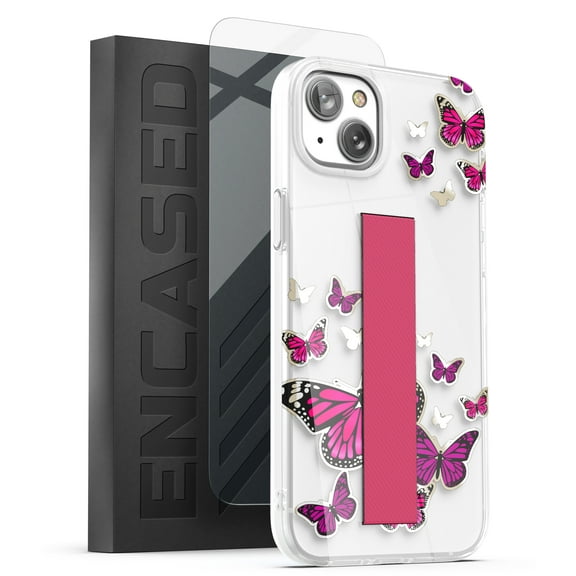 Encased Bando Series Designed for iPhone 14 Case with Hand Strap Loop and Screen Protector (Clear with Pink Butterfly)