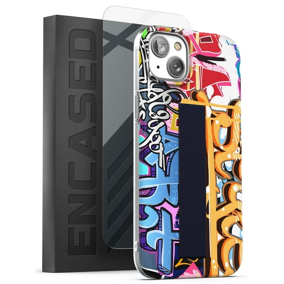 Encased Bando Series Designed for iPhone 14 Case with Hand Strap Loop and Screen Protector (Cool Graffiti Art)