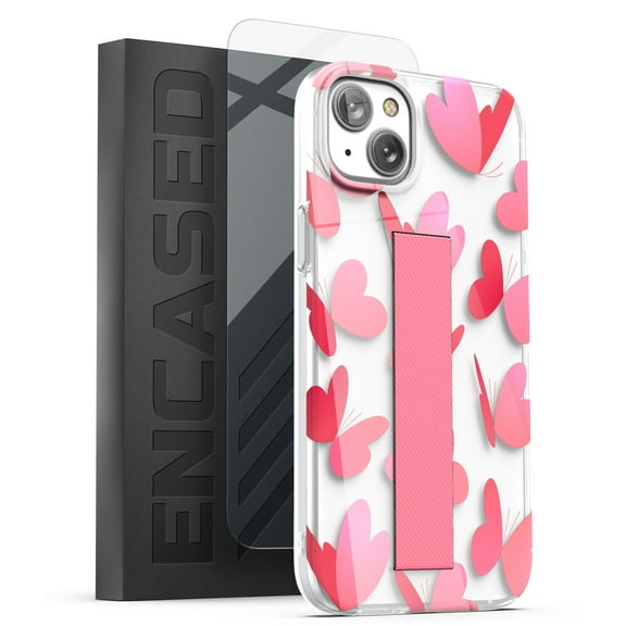Encased Bando Series Designed for iPhone 14 Clear Case with Design and Hand Strap Grip (Screen Protector Included) Pink Heart Butterfly