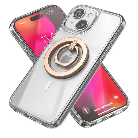 Encased Clear Case Designed for iPhone 15 Case with Ring (Compatible with MagSafe) Magnetic Case & Finger Loop Holder / Stand (Clear/Gold)