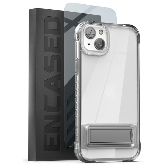 Encased Clear Kickstand Case Designed for iPhone 14 PLUS with Screen Protector - Ultra Protective MIL-Spec Armor Guard Bumper with Metal Stand (Retail Packaging)